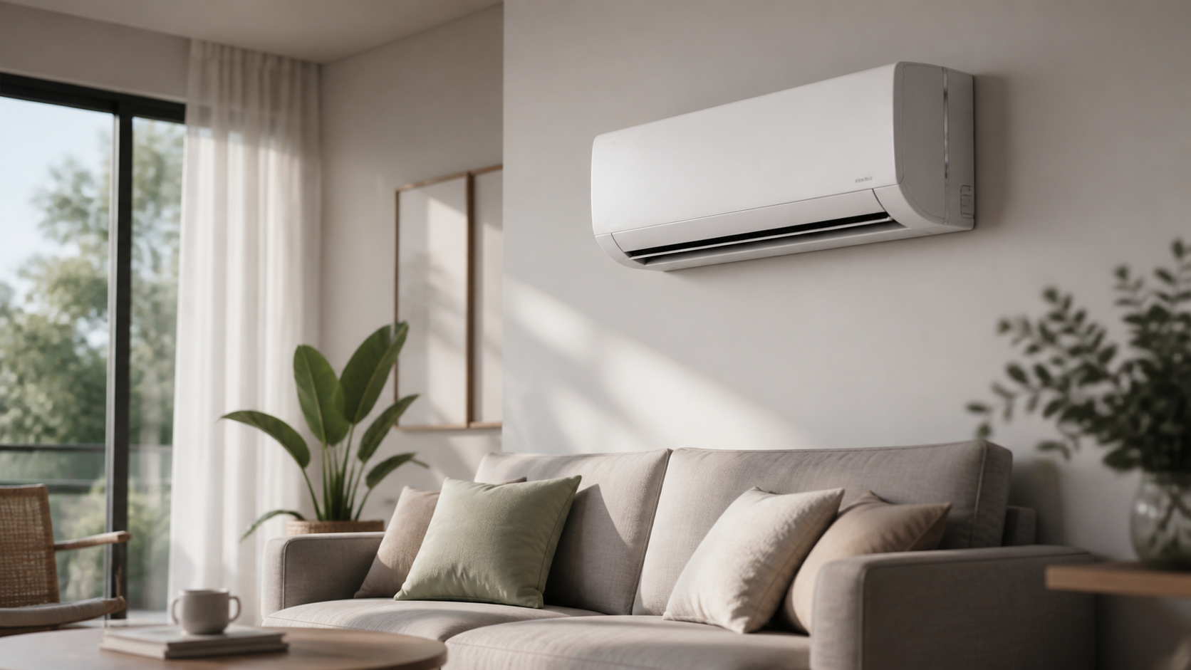 Woonkamer met moderne airco voor koelen en verwarmen